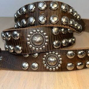 Nacona Brown Leather Western Silver Studded Belt with Concho Accents 42”